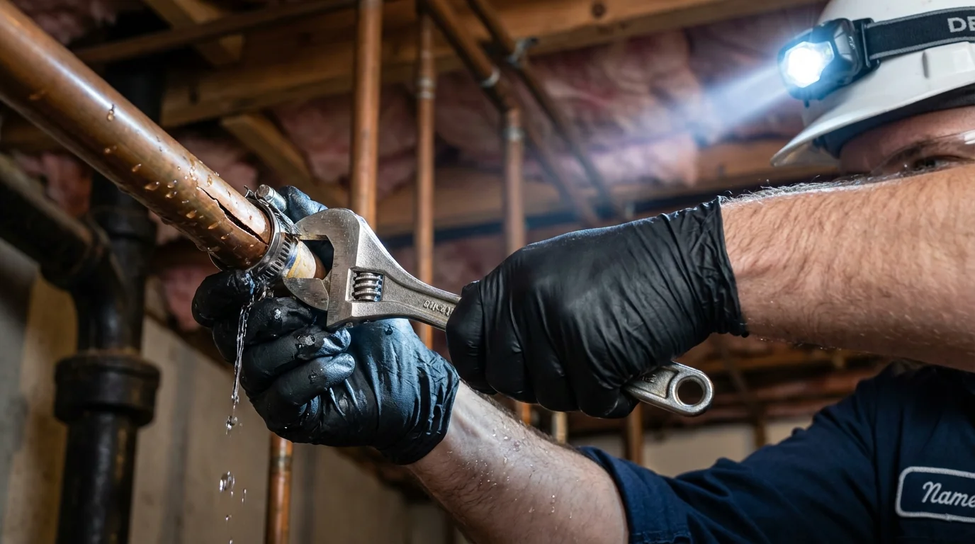 Emergency pipe clamp repair being performed by a Johns Plumbing LLC plumber in Alamosa