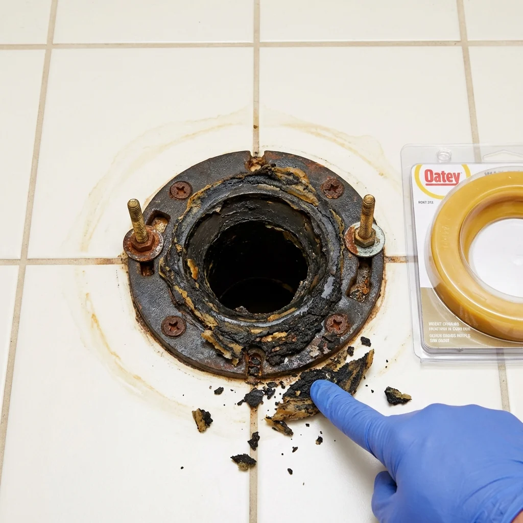 Failed wax ring showing water seepage at the base of a toilet in a Alamosa, CO home