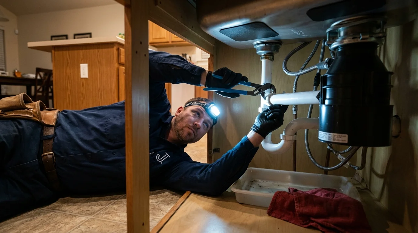 P-trap and supply line connections under a kitchen sink showing a common leak point in Alamosa, CO